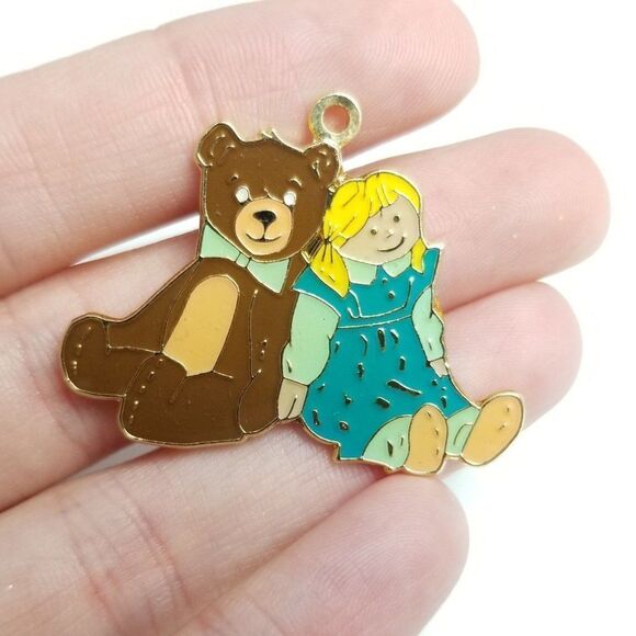 Vintage Teddy Bear with Bow Tie and Blond Doll in Dress Pendant Charm, Retro 80s - Picture 1 of 6